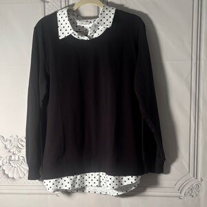 Denim & Co. Black Sweater with Polka Dot Shirt, Sz Large